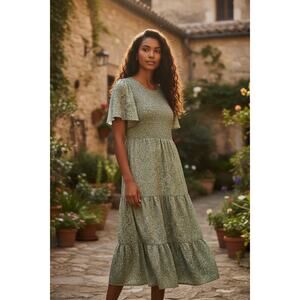 Maggeer Woman's Green Floral Dress Maxi Smocked bodice Fairycore Plus Sz XXL